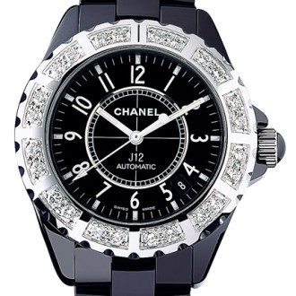 J12 Céramique noire, lunette acier serti diamants