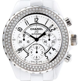 J12 Chronographe céramique blanche, acier serti diamants
