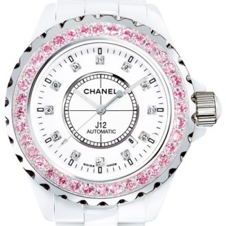J12 Céramique blanche / Lunette un rang serti saphirs roses, cadran index diamants