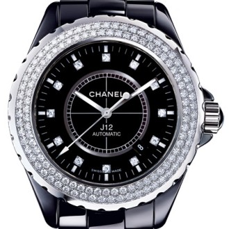 J12 Céramique noire / lunette acier sertie diamants, cadran 12 index diamants