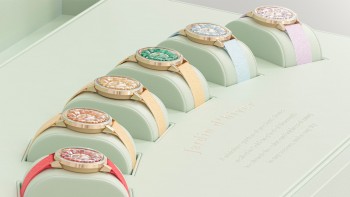 Jardin d’Hiver, un coffret édité en série limitée à 6 exemplaires renfermant 6 montres Lili Bouton en or rose et diamants dont chacun présente un cadran unique au choix en Opale rouge, Opale Fanta du Chiapas mexicain, Opale jaune du Brésil, Chrysoprase Australienne, Topaze d’Arizona et Améthyste Péruvienne... CHF 230'000 © Beauregard