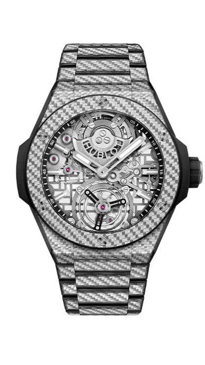 Big Bang Integrated in carbon and texalium, 43mm diameter, automatic skeleton movement, tourbillon escapement, carbon and texalium bracelet. 50-piece limited edition. CHF 120,000 © Hublot