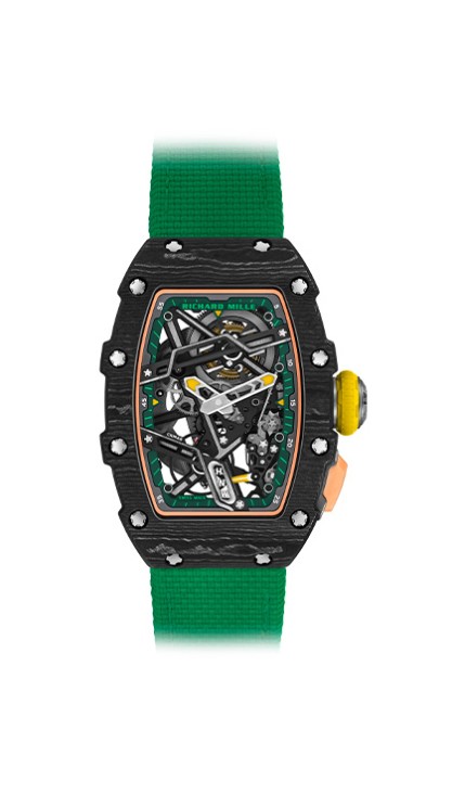 RM 07-04 in carbon, 30.5 x 45mm, automatic skeleton movement, function indicator, rubber strap. CHF 167,000. Richard Mille.