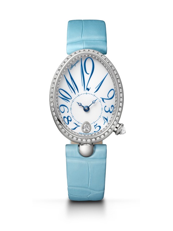 1- Reine de Naples 8918 en or blanc, lunette sertie de diamants, cadran en émail grand feu, mouvement automatique, bracelet en cuir © Breguet