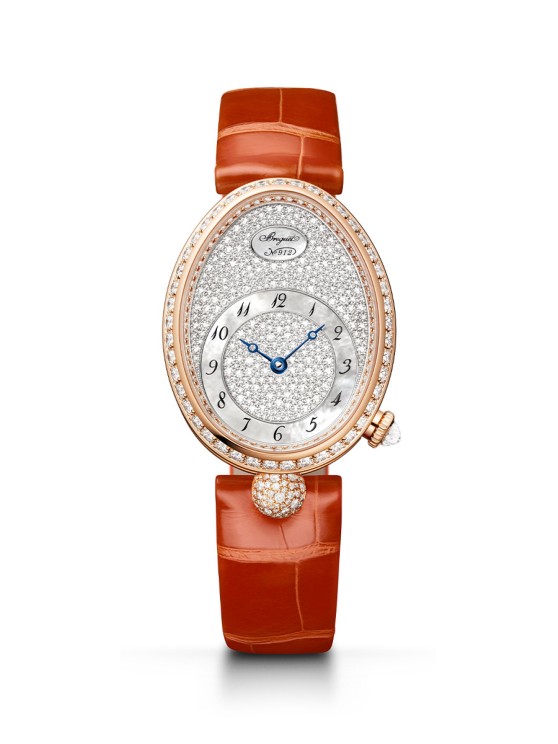 Reine de Naples 8938 en or rose serti de diamants, cadran en or blanc serti de diamants, mouvement automatique, bracelet en cuir © Breguet