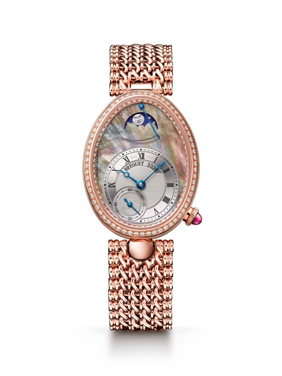 5- Reine de Naples 8908 en or rose, lunette sertie de diamants, cadran en nacre, mouvement automatique avec petite seconde et indicateurs de réserve de marche et des phases de Lune, bracelet en or rose © Breguet