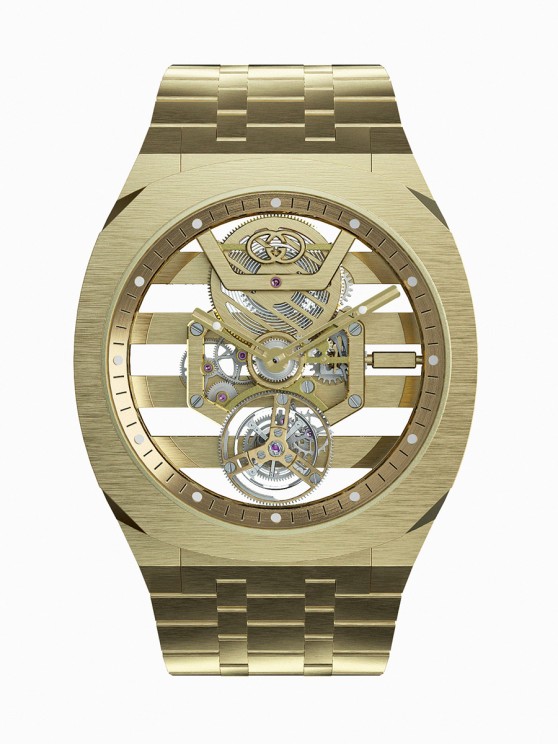 Gucci 25H en or jaune, 40 mm de diamètre, mouvement squelette à remontage manuel avec échappement à tourbillon, bracelet en or jaune © Gucci