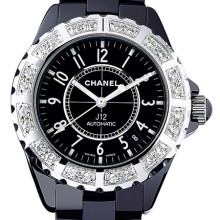 J12 Céramique noire, lunette acier serti diamants