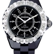 J12 Céramique noire, lunette acier serti diamants