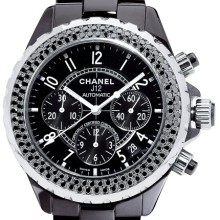 J12 Chronographe céramique noire serti  diamants noirs