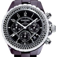 J12 Chronographe céramique noire serti  diamants noirs