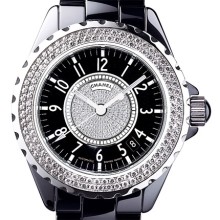 J12 Céramique noire lunette sertie et cadran pavé diamants