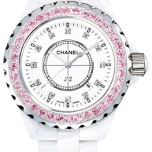 J12 Céramique blanche / Lunette un rang serti saphirs roses, cadran index diamants