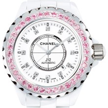 J12 Céramique blanche / Lunette un rang serti saphirs roses, cadran index diamants