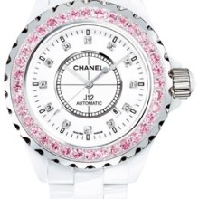 J12 Céramique blanche / Lunette un rang serti saphirs roses, cadran index diamants