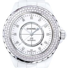J12 Céramique blanche / Lunette acier sertie diamants, cadran 12 index diamants