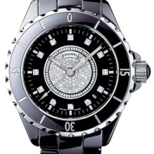 J12 Céramique noire, cadran pavé + 12 index diamants