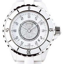J12 Céramique blanche, cadran pavé + 12 index diamants