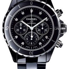 Chrono céramique noire, cadran 9 index diamants